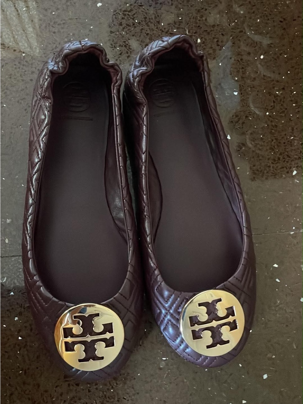 Tory Burch Quilted darkpurple Reva Logo Ballet Flats with Gold Medallion